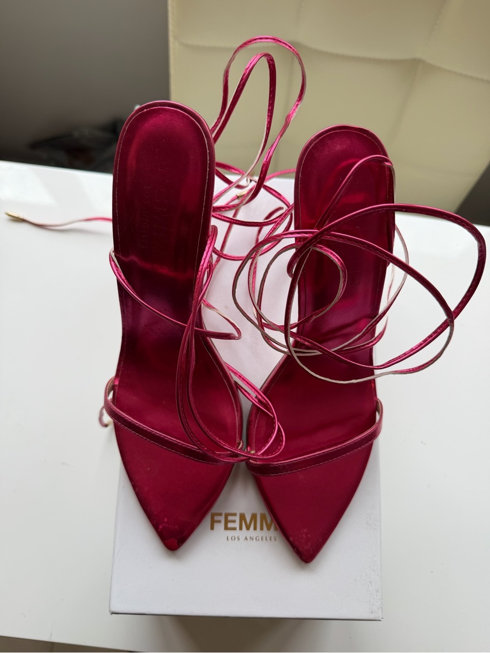 FEMME Los Angeles Hot Pink Satin Lace-Up Pointed Heels